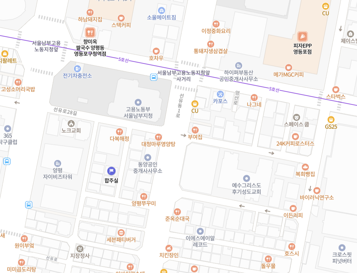 모라스튜디오 합주실 주변 지도. 합주실 표시는 지도 왼쪽 아래쪽에 있습니다.